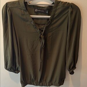 New York & Company Women's Olive Green Lace-Up Top